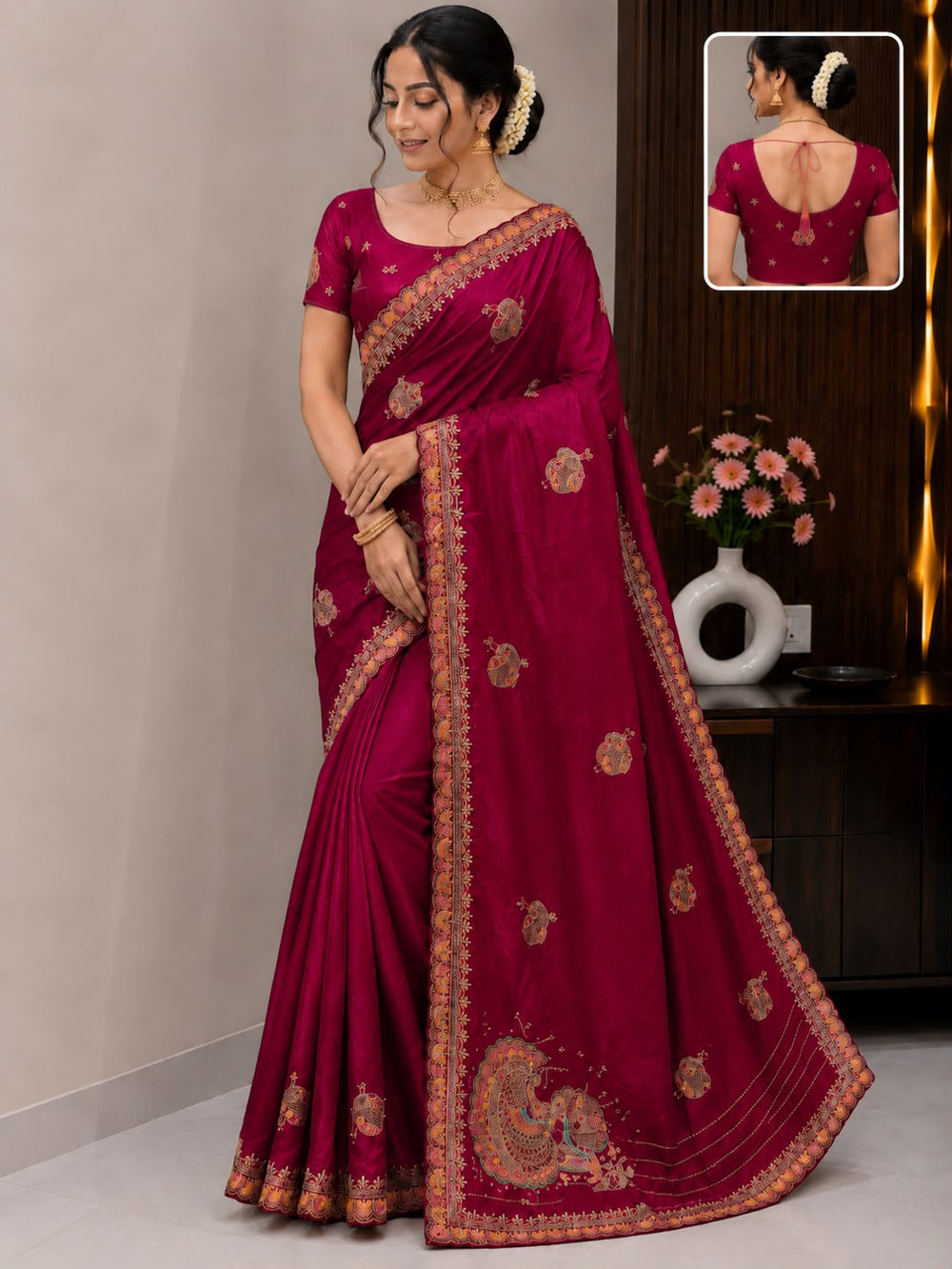 Women Traditional Embroidered Fancy Saree with Paisley Pallu & Designer Border - Rani Pink
