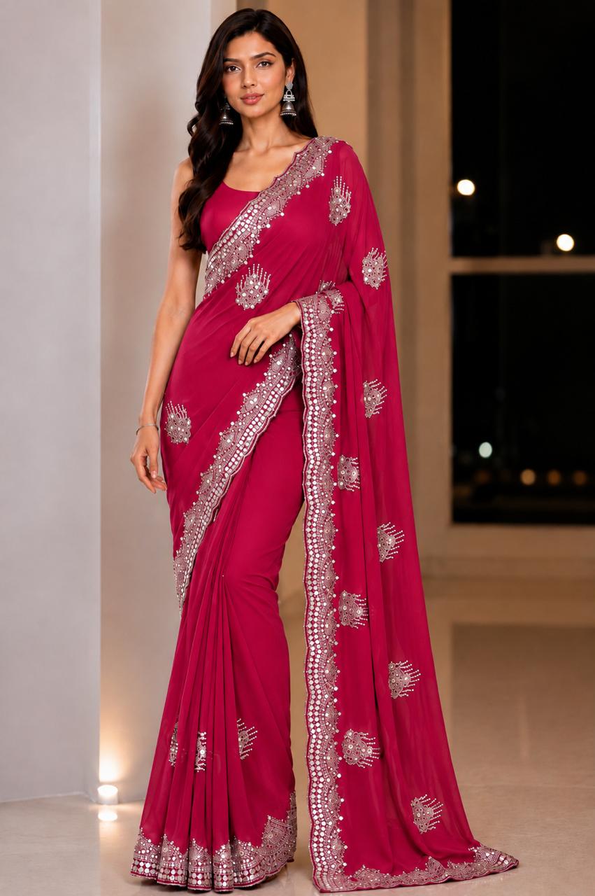 Women Blooming Saree with Mirror Work Scalloped Border & Embroidered Butis - Rani Pink