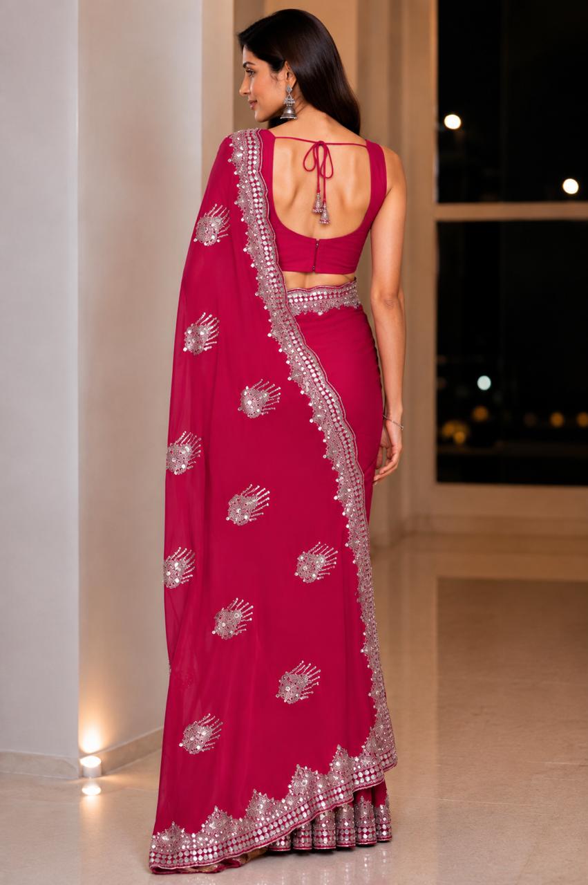 Women Blooming Saree with Mirror Work Scalloped Border & Embroidered Butis - Rani Pink
