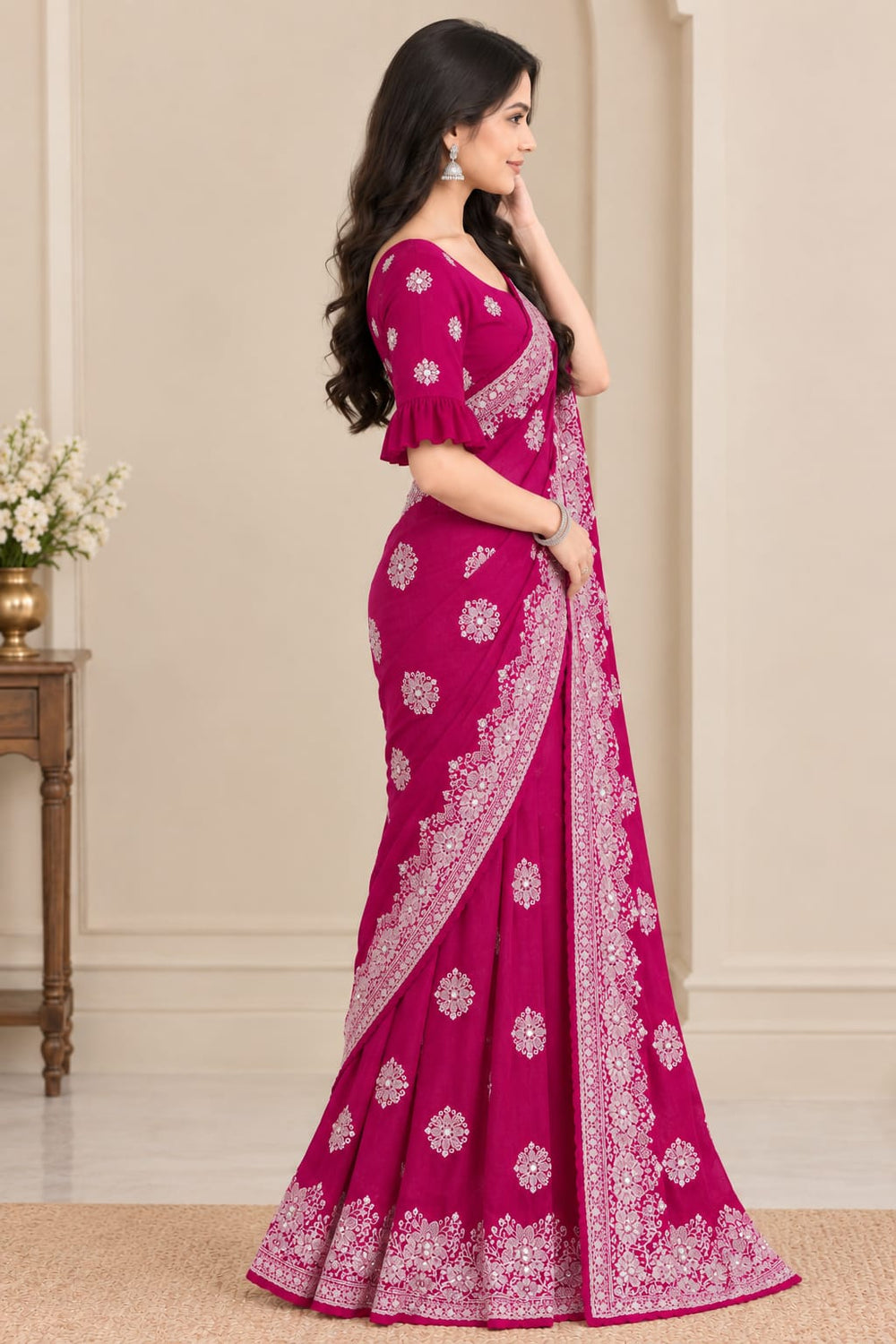 Women Blooming Saree with Silver Thread Buti Embroidery & White Stone Work Border - Rani Pink
