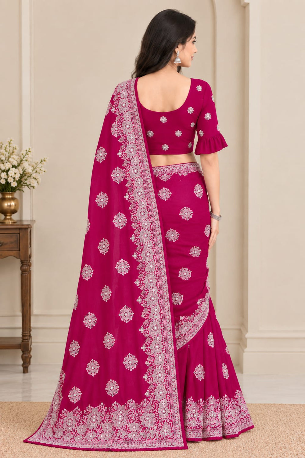 Women Blooming Saree with Silver Thread Buti Embroidery & White Stone Work Border - Rani Pink