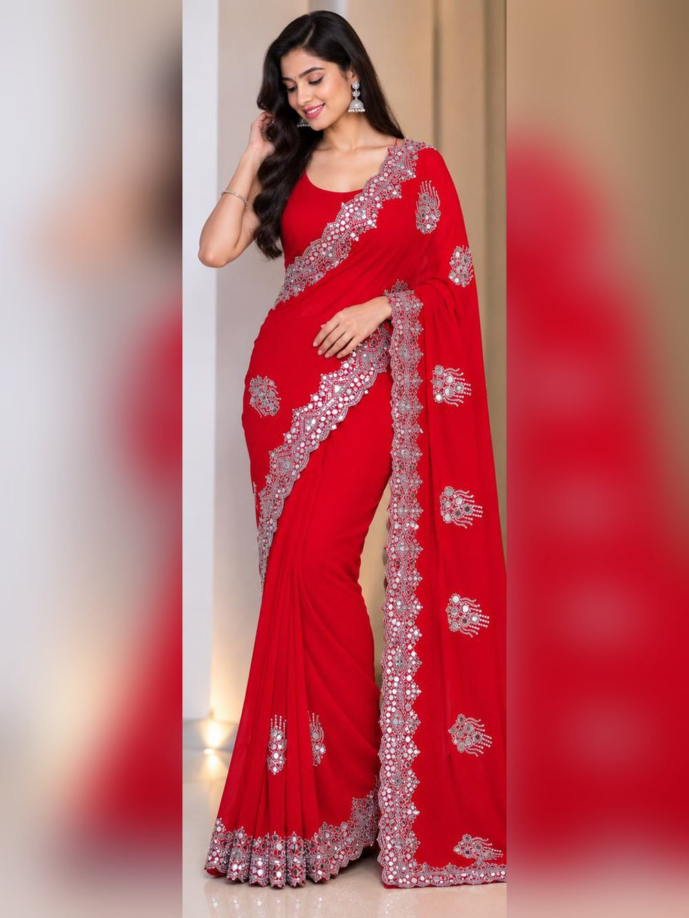 Women Blooming Saree with Mirror Work Scalloped Border & Embroidered Butis - Red