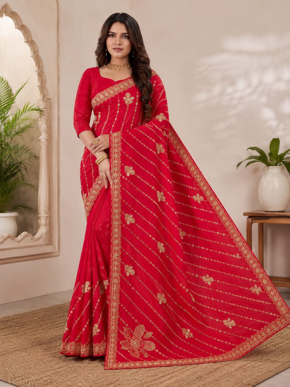 Women Zari Embroidered Georgette Saree with Scalloped Border & Matching Blouse - Red