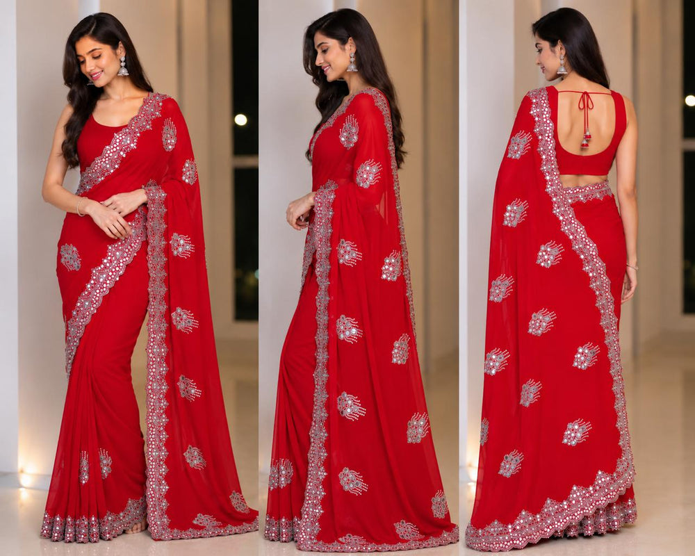 Women Blooming Saree with Mirror Work Scalloped Border & Embroidered Butis - Red