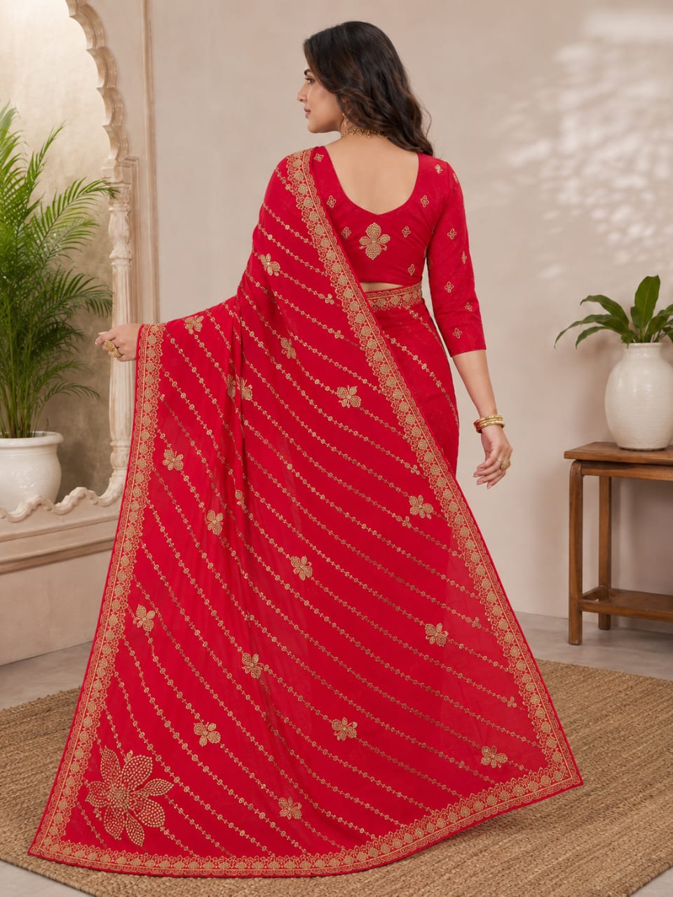 Women Zari Embroidered Georgette Saree with Scalloped Border & Matching Blouse - Red