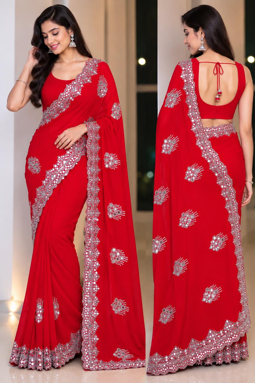 Women Blooming Saree with Mirror Work Scalloped Border & Embroidered Butis - Red