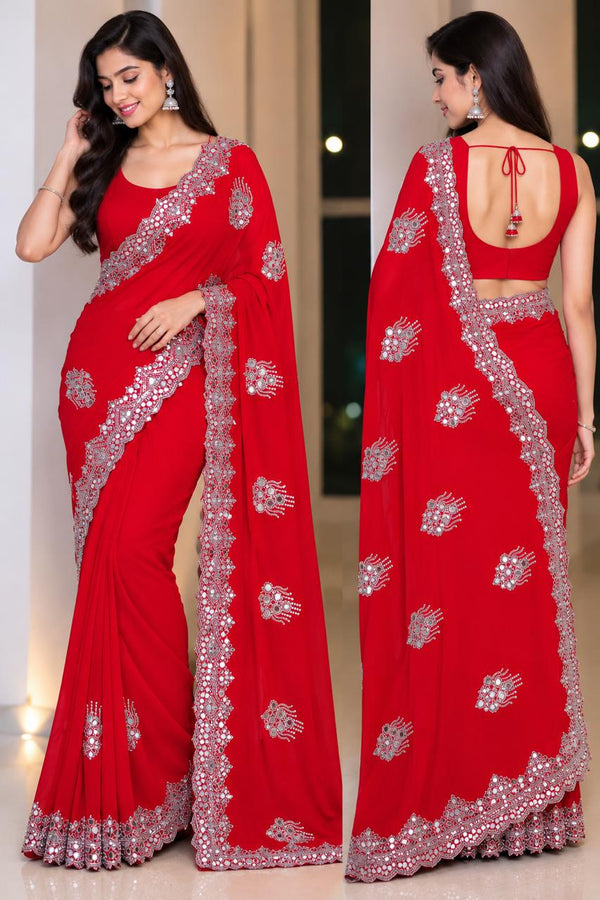 Women Blooming Saree with Mirror Work Scalloped Border & Embroidered Butis - Red