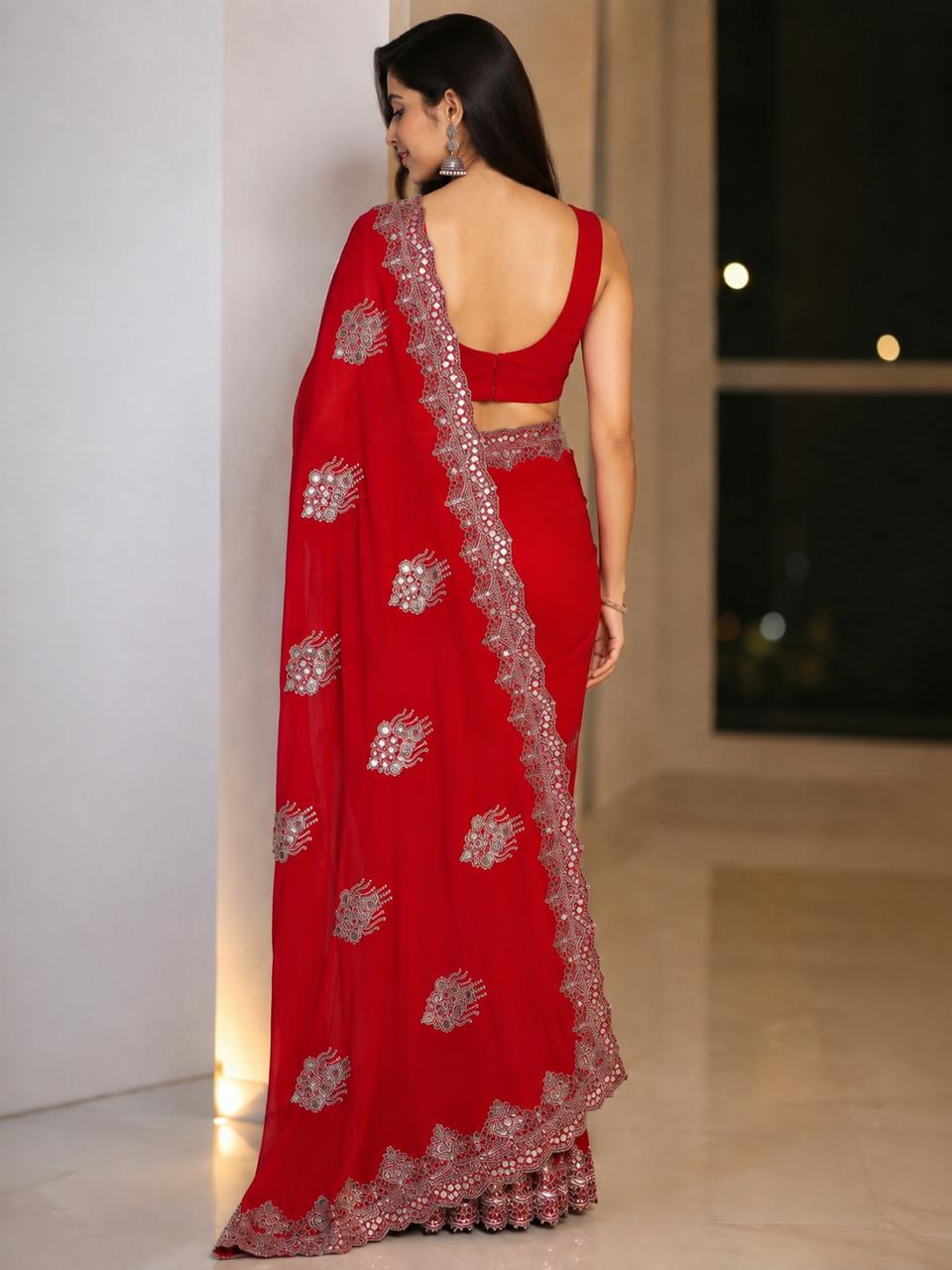 Women Blooming Saree with Mirror Work Scalloped Border & Embroidered Butis - Red