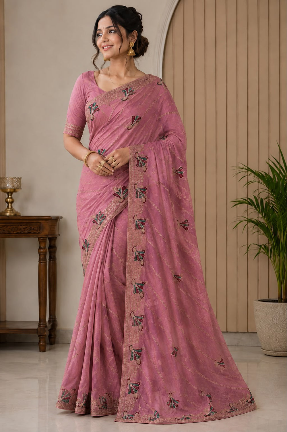 Women Fancy Saree with Peacock Embroidery & Zari Chain Work Border - Rose Pink