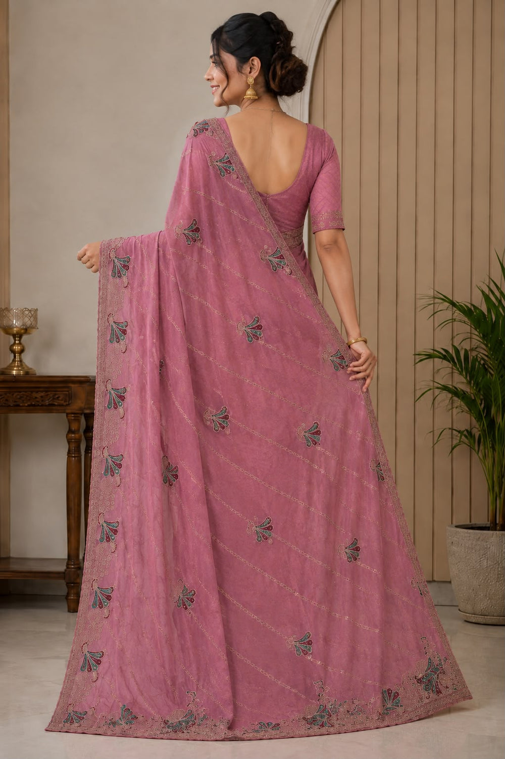 Women Fancy Saree with Peacock Embroidery & Zari Chain Work Border - Rose Pink