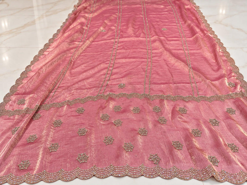 Women Fendy Tissue Saree with Scalloped Stone Work Border & Stone Butis - Rose Pink
