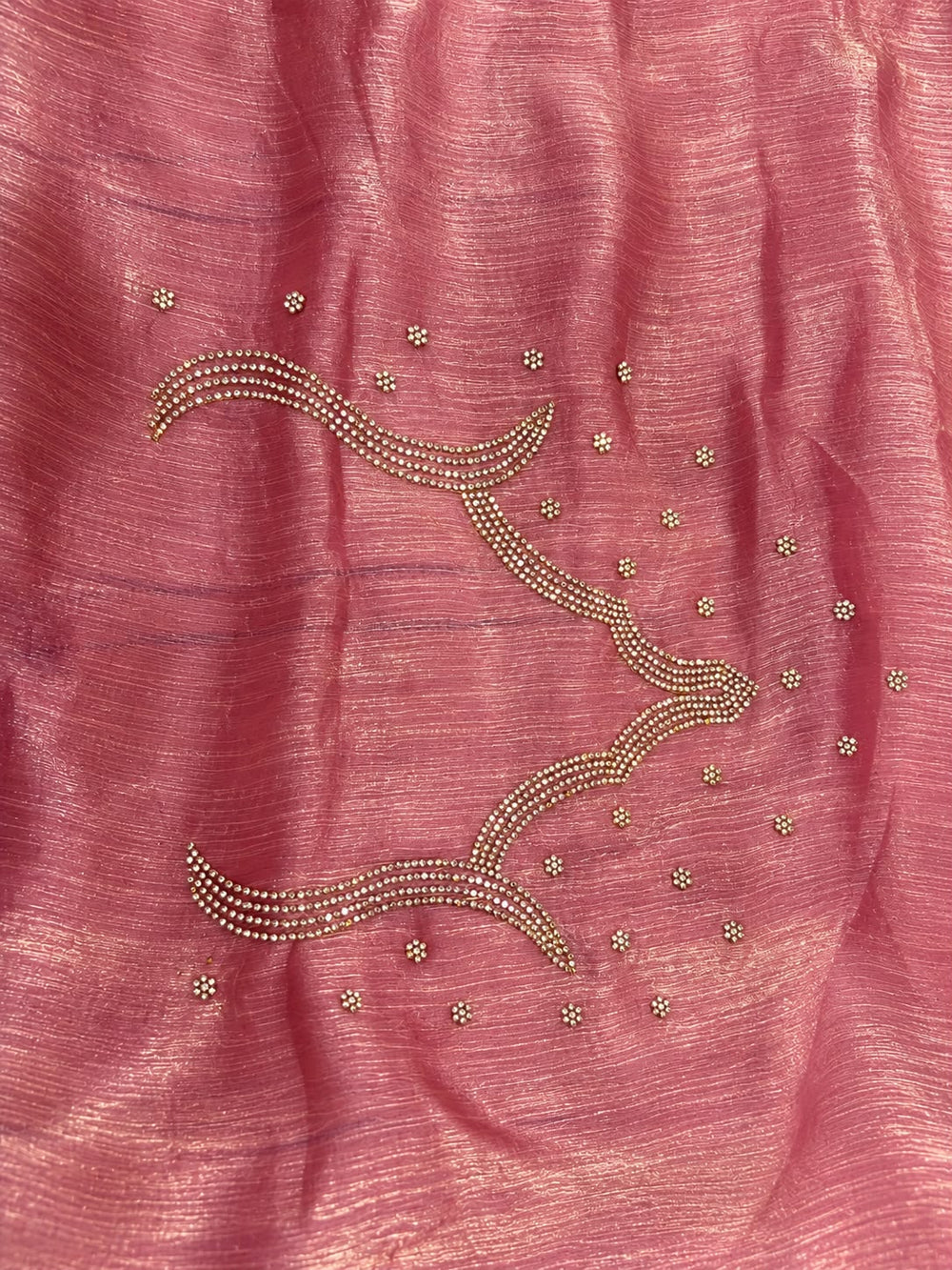 Women Fendy Tissue Saree with Scalloped Stone Work Border & Stone Butis - Rose Pink