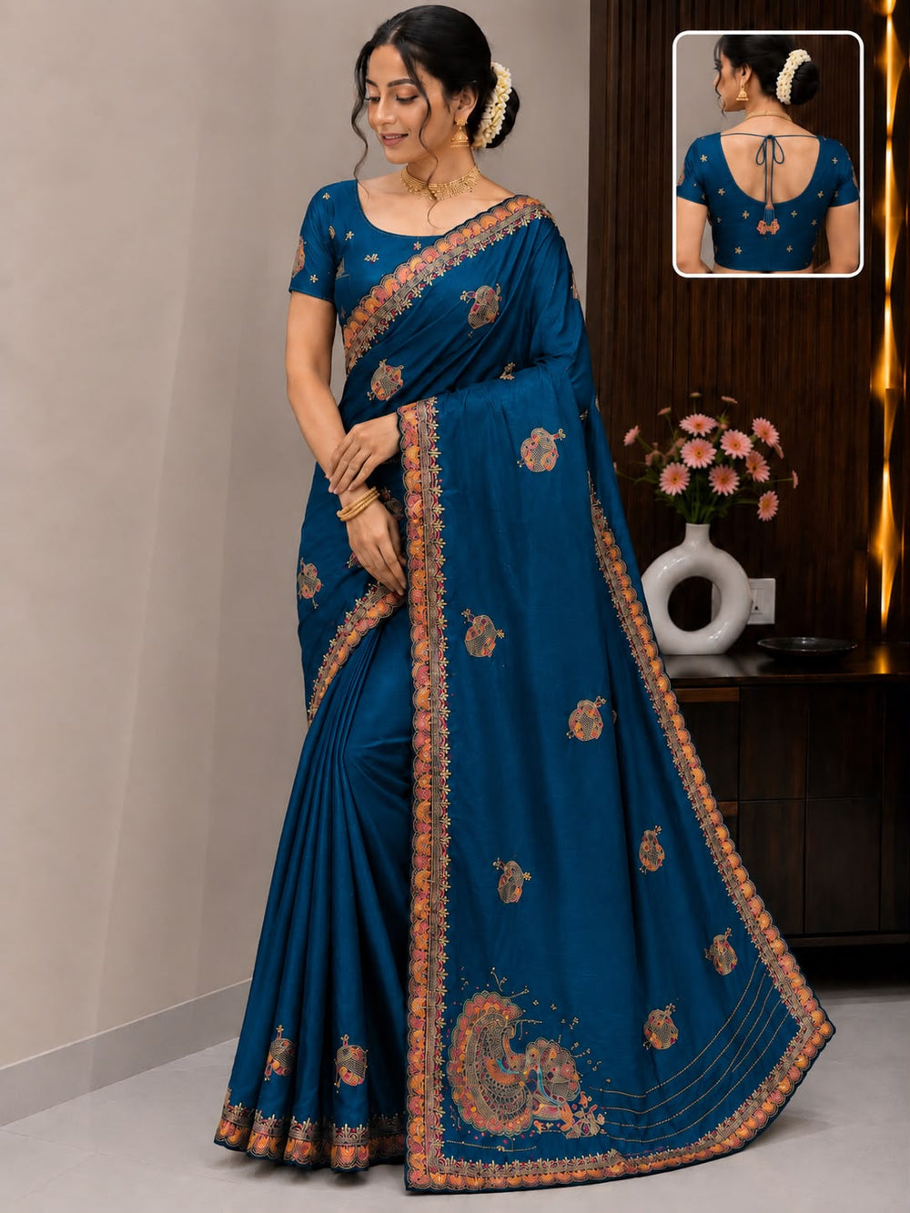 Women Traditional Embroidered Fancy Saree with Paisley Pallu & Designer Border - Royal Blue