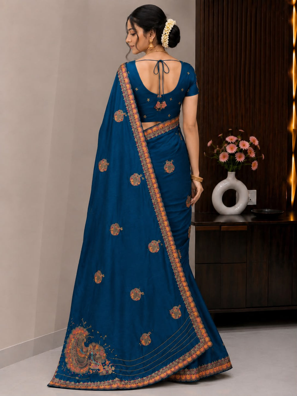 Women Traditional Embroidered Fancy Saree with Paisley Pallu & Designer Border - Royal Blue