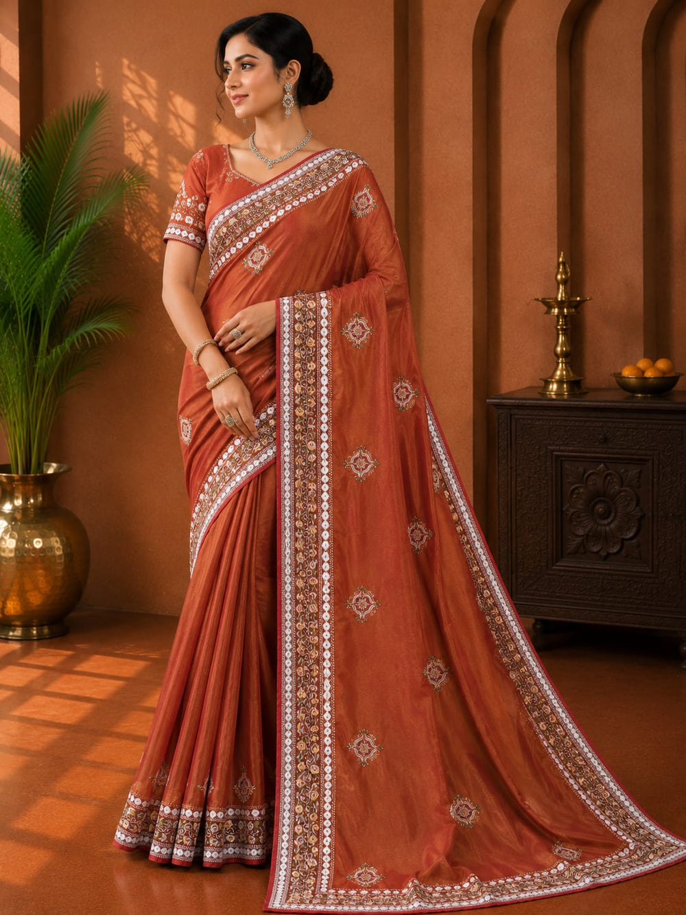 Women Mirror & Sequin Embroidered Saree with Heavy Blouse - Rust