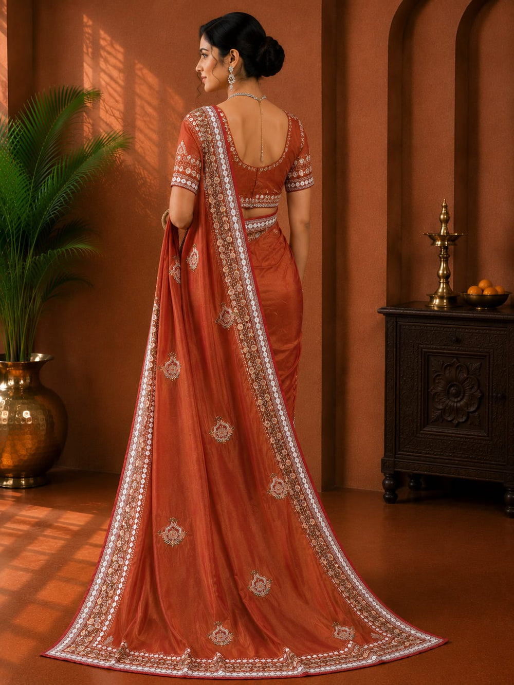 Women Mirror & Sequin Embroidered Saree with Heavy Blouse - Rust