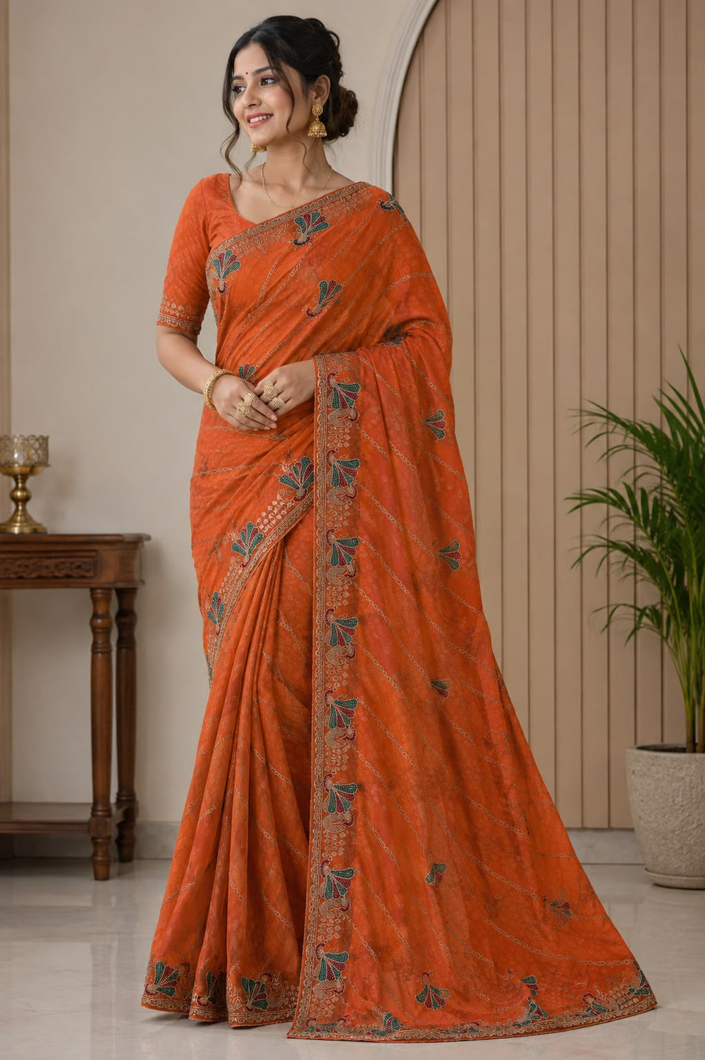 Women Fancy Saree with Peacock Embroidery & Zari Chain Work Border - Rust Orange