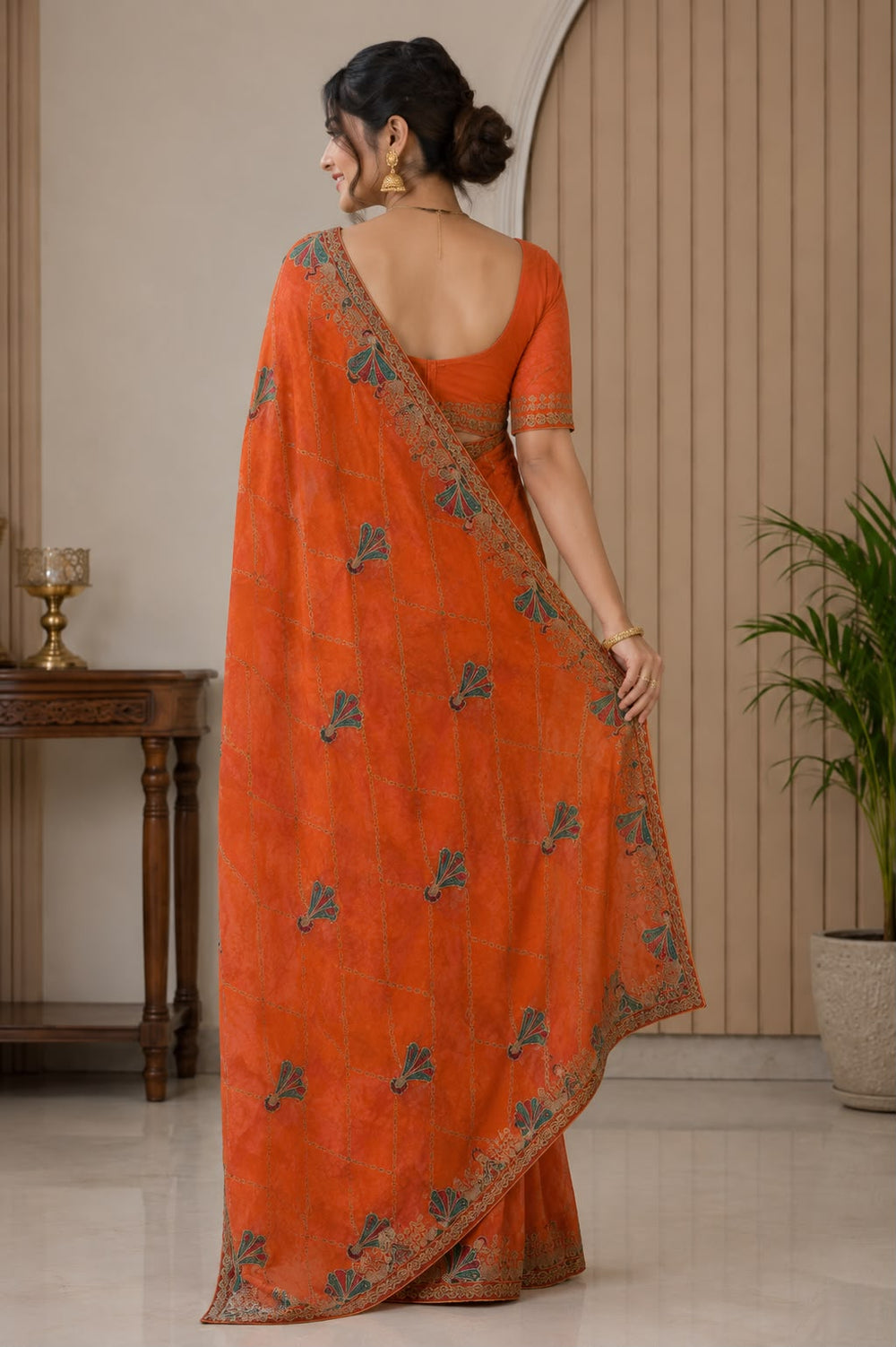 Women Fancy Saree with Peacock Embroidery & Zari Chain Work Border - Rust Orange