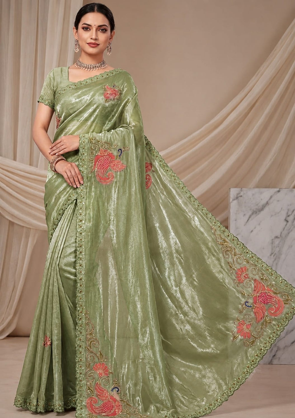 Women Shimmer Saree with Peacock Embroidered Motifs & Scalloped Border - Sage Green
