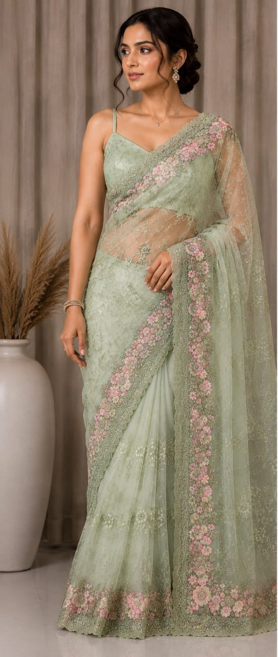 Women Floral Embroidered Net Saree with Scalloped Border - Sage Green