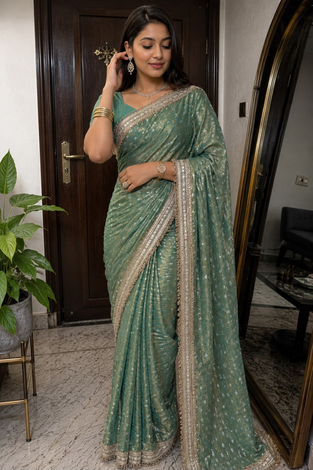 Women Georgette Saree with Heavy Cutwork Embroidered Border - Sage Green