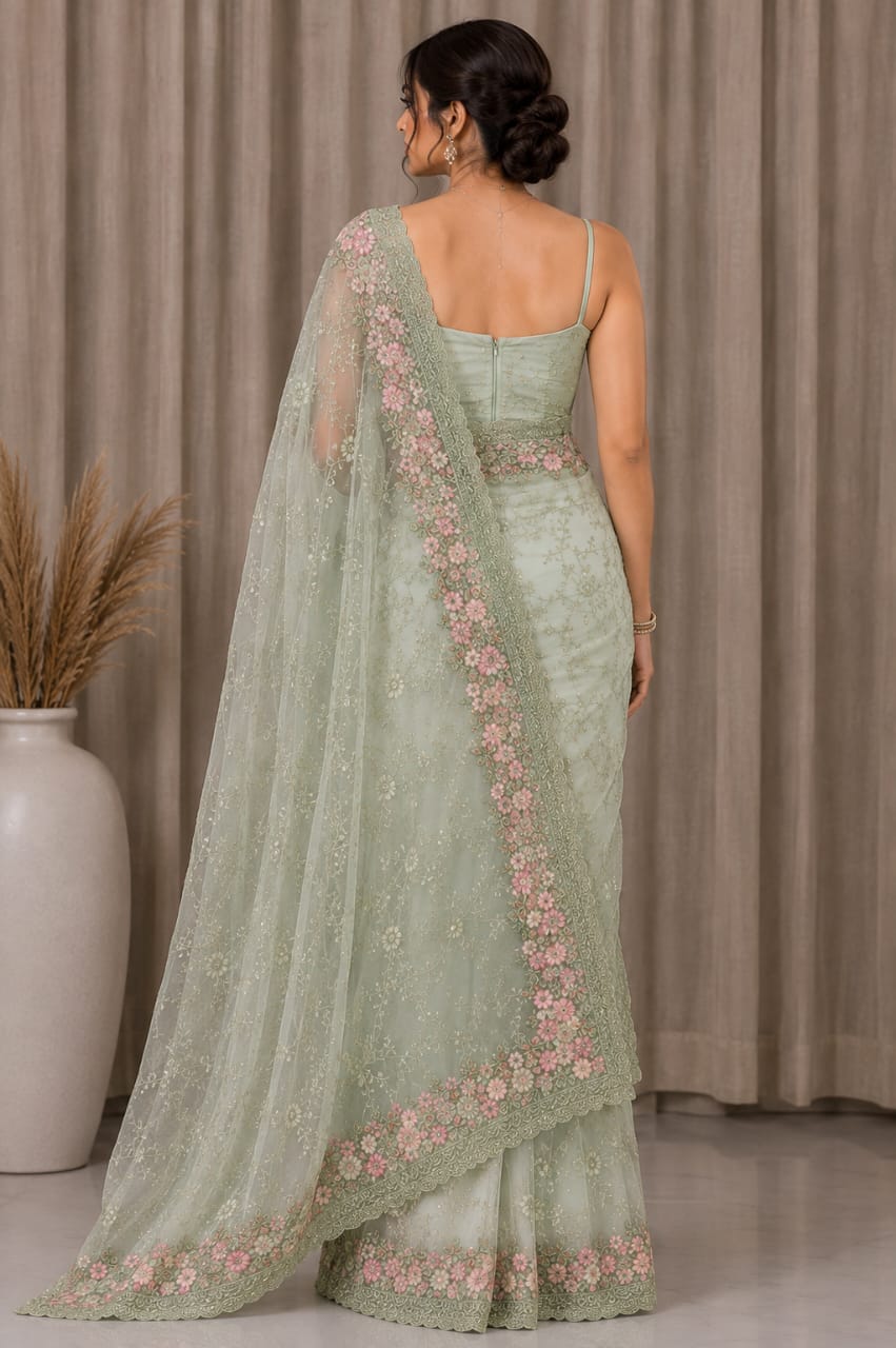 Women Floral Embroidered Net Saree with Scalloped Border - Sage Green