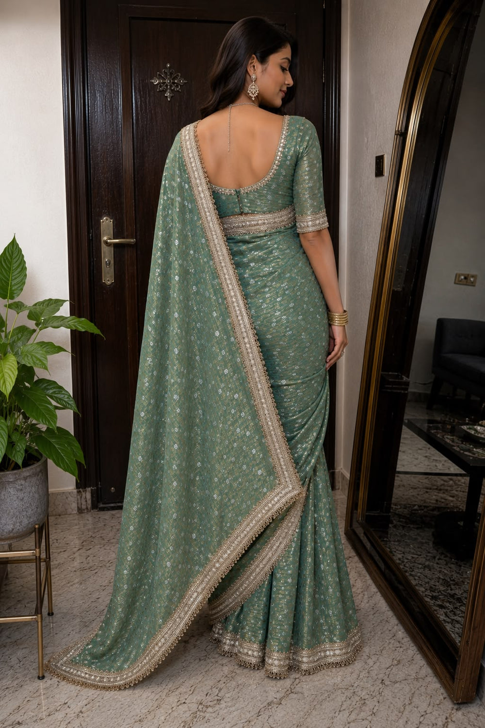 Women Georgette Saree with Heavy Cutwork Embroidered Border - Sage Green