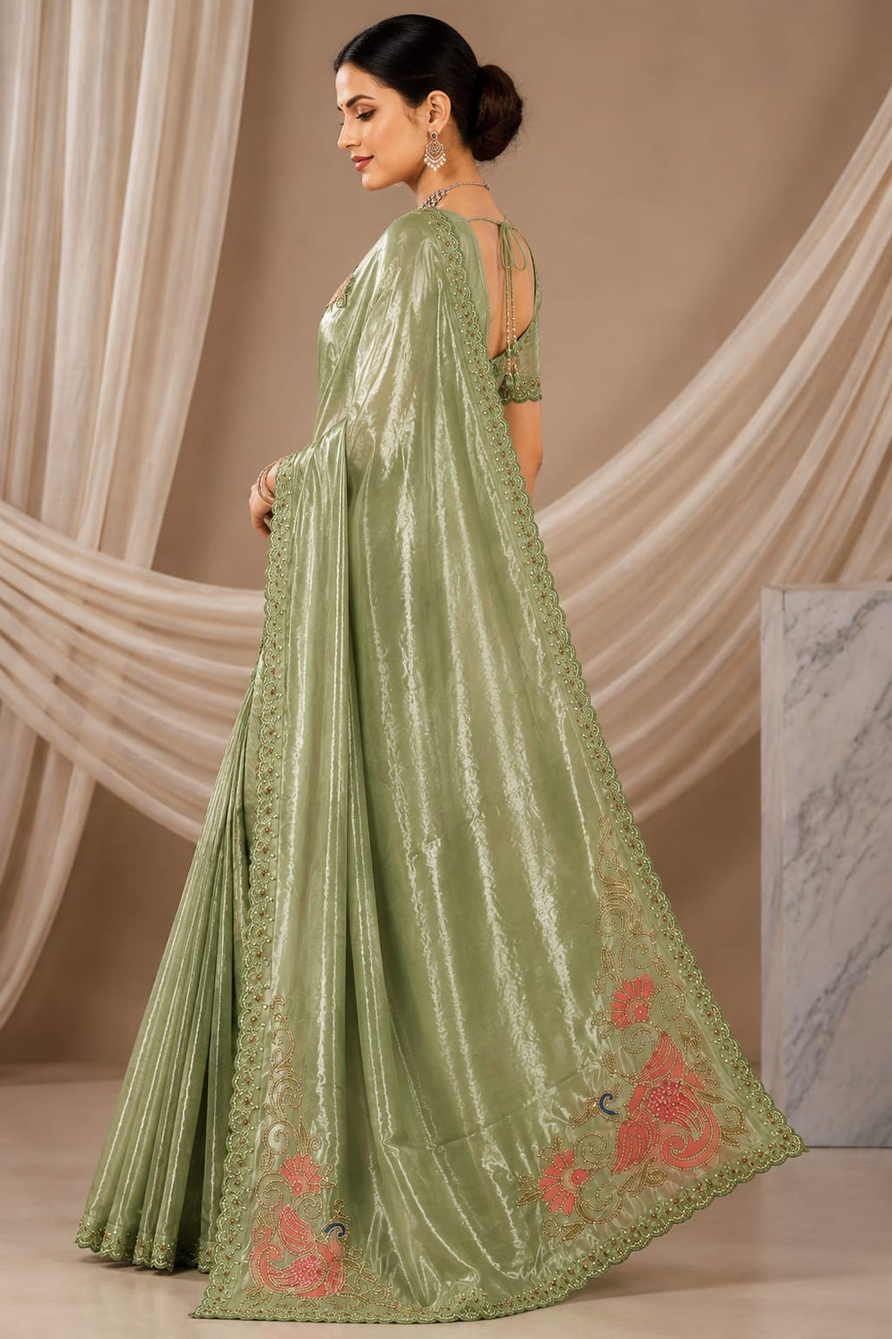 Women Shimmer Saree with Peacock Embroidered Motifs & Scalloped Border - Sage Green