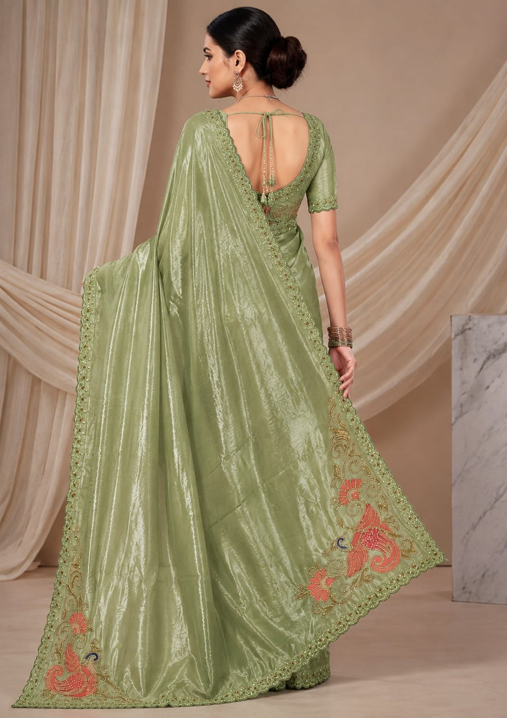 Women Shimmer Saree with Peacock Embroidered Motifs & Scalloped Border - Sage Green