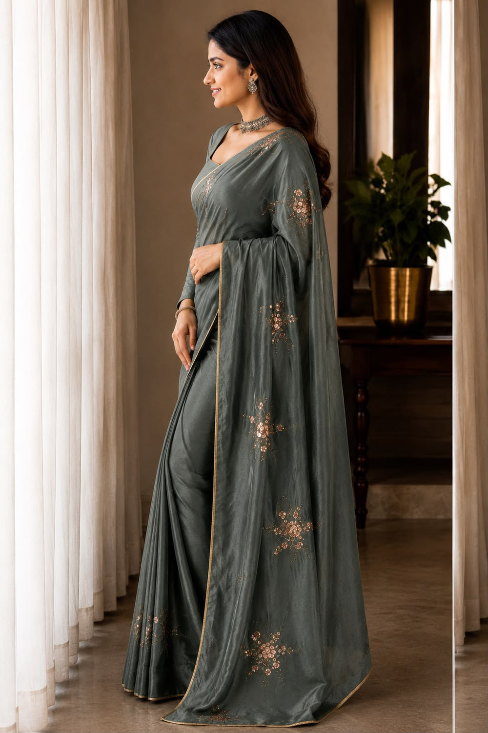 Women Shimmer Saree with Sequin Floral Motifs & Gold Piping Border - Sage Green