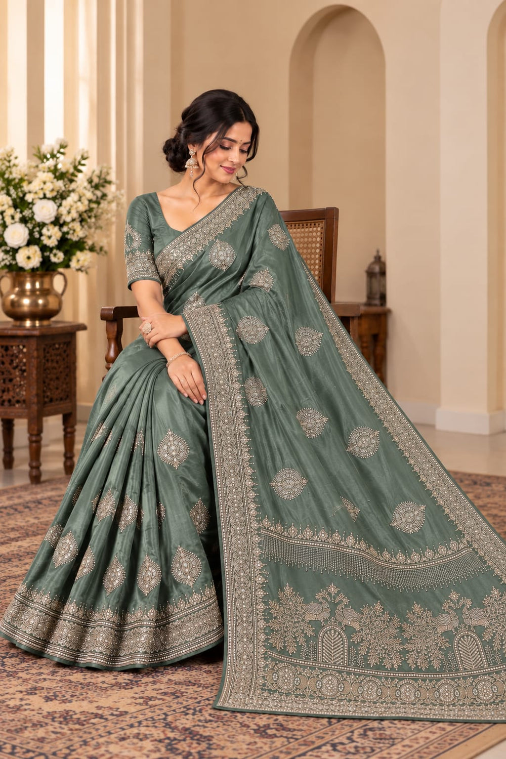 Women Japan Satin Saree with Stone Work Butis & Peacock Tree Pallu - Sage Green