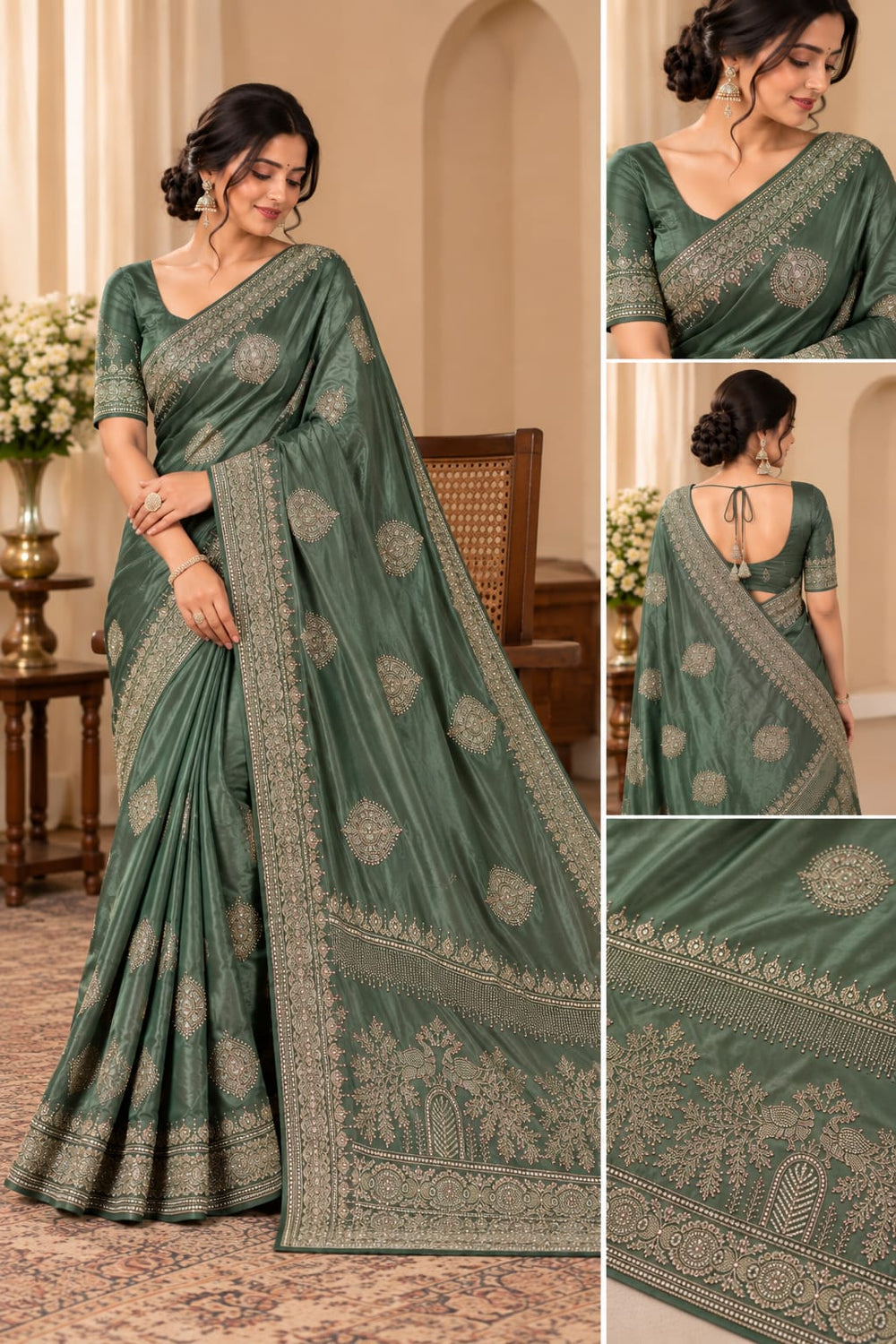 Women Japan Satin Saree with Stone Work Butis & Peacock Tree Pallu - Sage Green