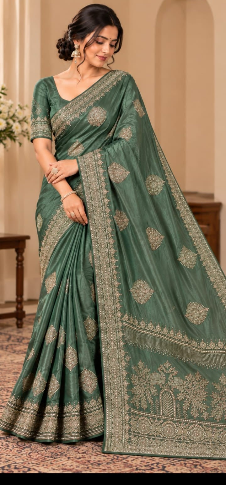 Women Japan Satin Saree with Stone Work Butis & Peacock Tree Pallu - Sage Green