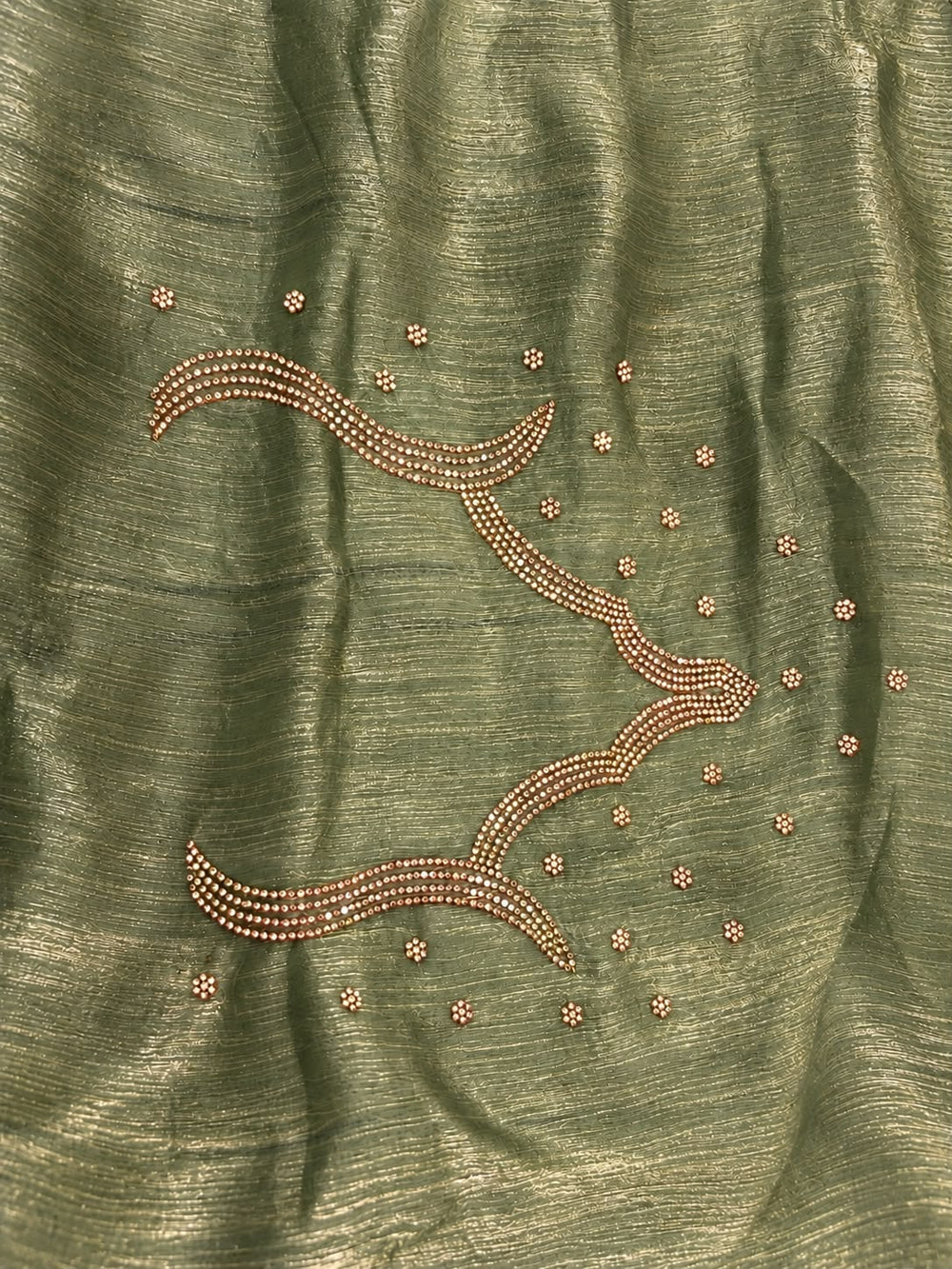 Women Fendy Tissue Saree with Scalloped Stone Work Border & Stone Butis - Sage Green