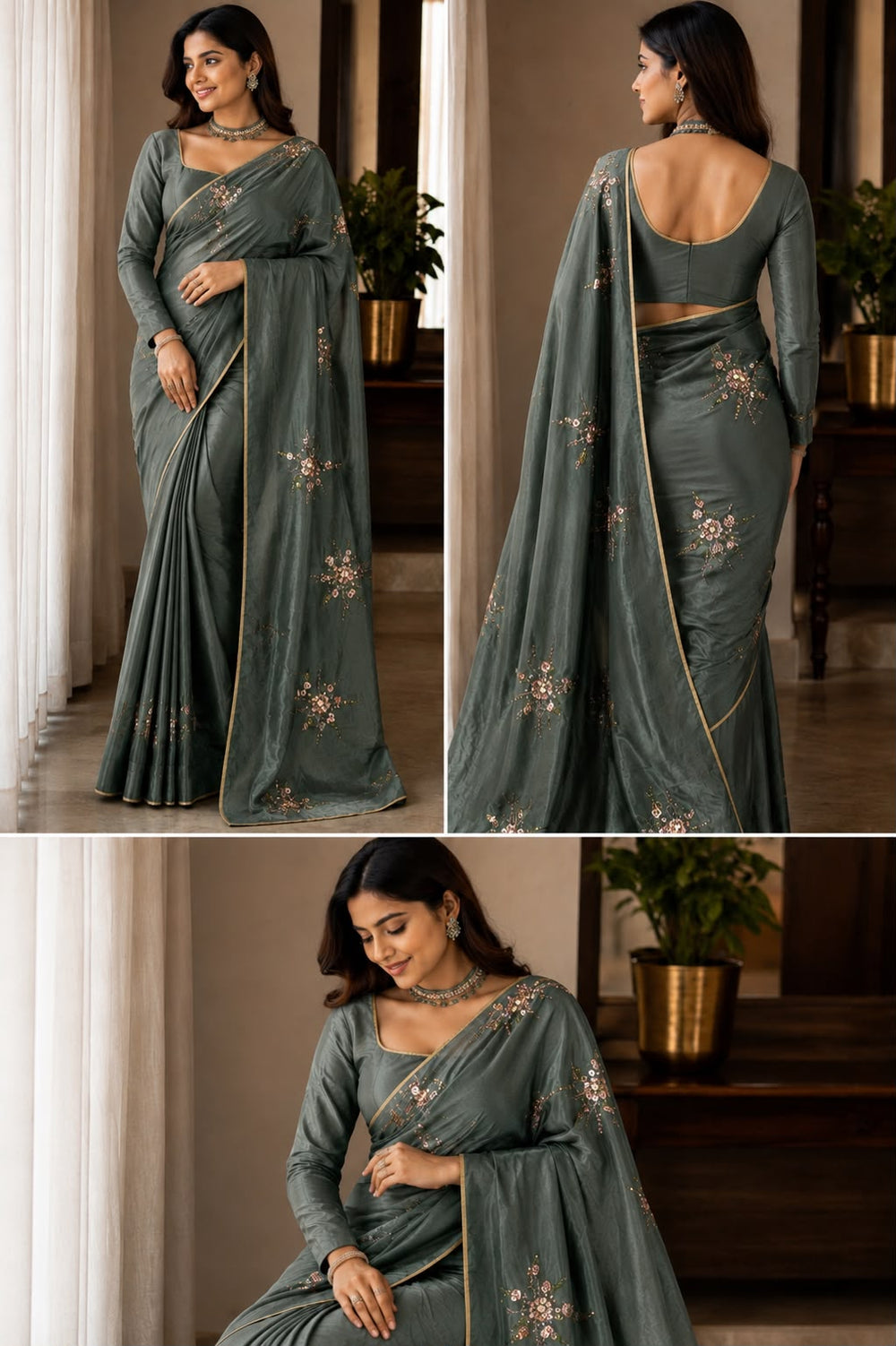 Women Shimmer Saree with Sequin Floral Motifs & Gold Piping Border - Sage Green