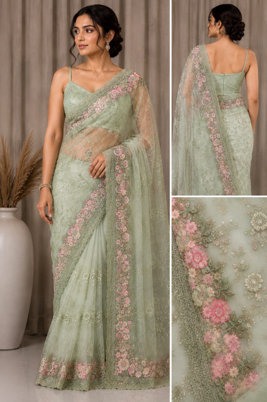 Women Floral Embroidered Net Saree with Scalloped Border - Sage Green