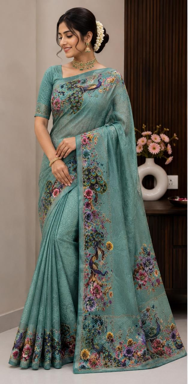Women Designer Peacock Digital Print Saree with Rhinestone Diamond Work - Sea Green