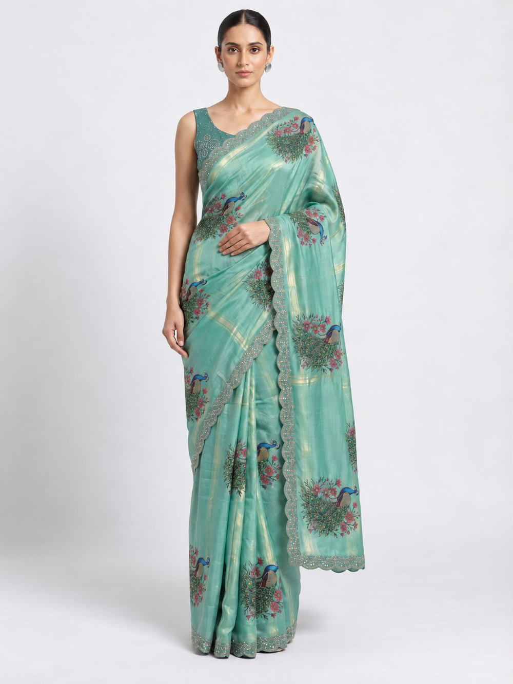 Women Peacock Digital Print Fancy Satin Saree with Rhinestone Work & Scalloped Cutwork Border - Sea Green