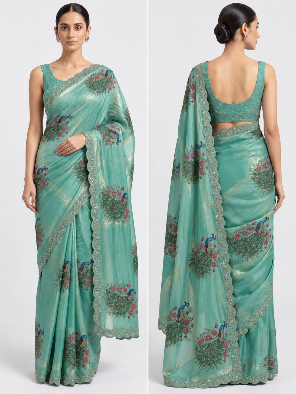 Women Peacock Digital Print Fancy Satin Saree with Rhinestone Work & Scalloped Cutwork Border - Sea Green