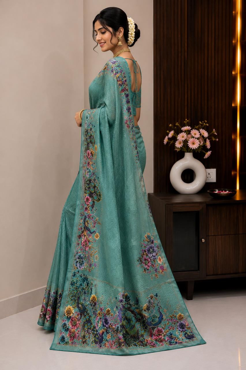 Women Designer Peacock Digital Print Saree with Rhinestone Diamond Work - Sea Green