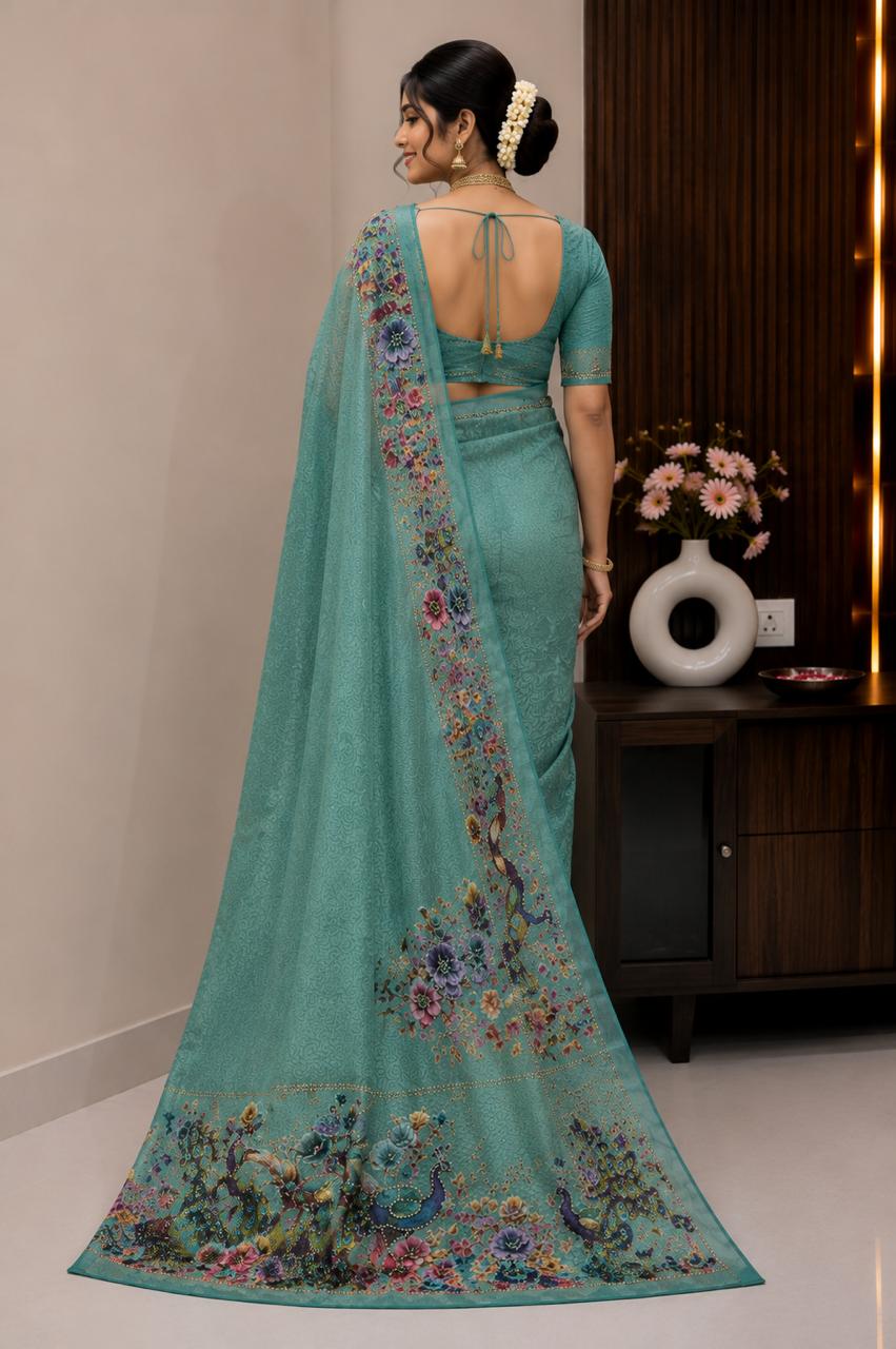 Women Designer Peacock Digital Print Saree with Rhinestone Diamond Work - Sea Green