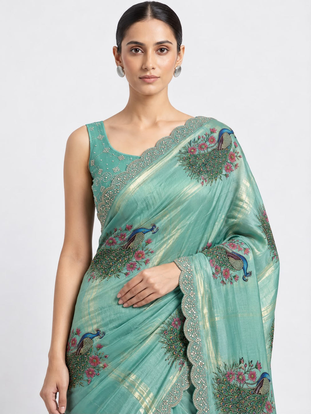 Women Peacock Digital Print Fancy Satin Saree with Rhinestone Work & Scalloped Cutwork Border - Sea Green