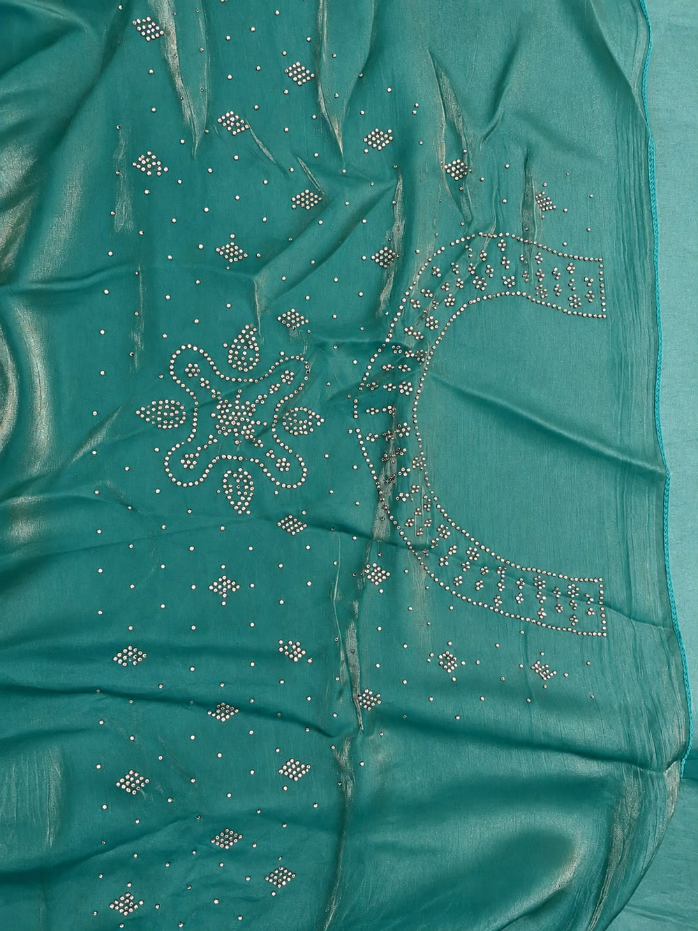Women Peacock Digital Print Fancy Satin Saree with Rhinestone Work & Scalloped Cutwork Border - Sea Green