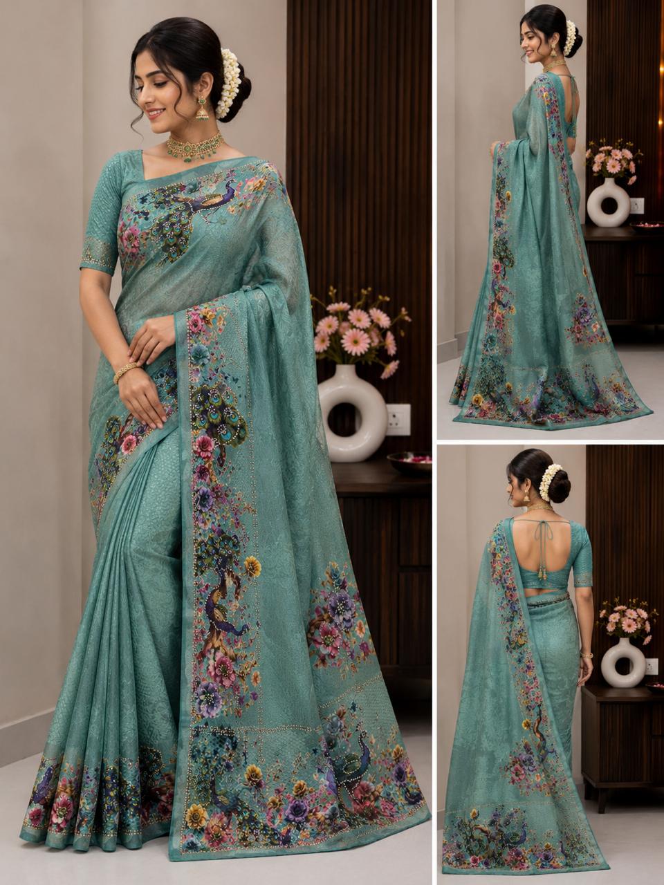 Women Designer Peacock Digital Print Saree with Rhinestone Diamond Work - Sea Green