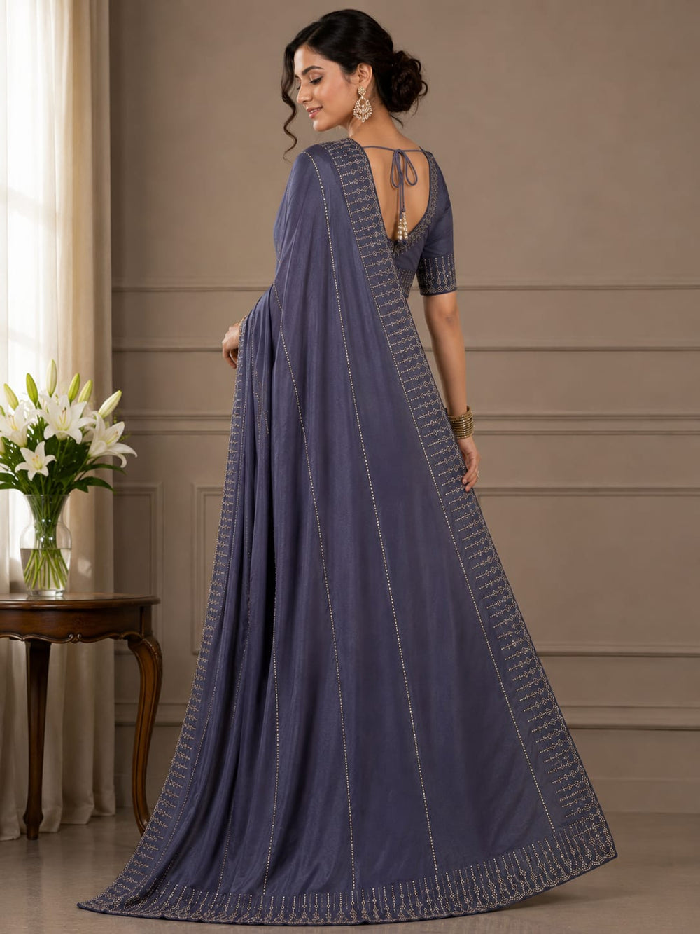 Steel Grey Georgette Saree with Sequin Striped Border & Unstitched Blouse Piece - Steel Blue Grey