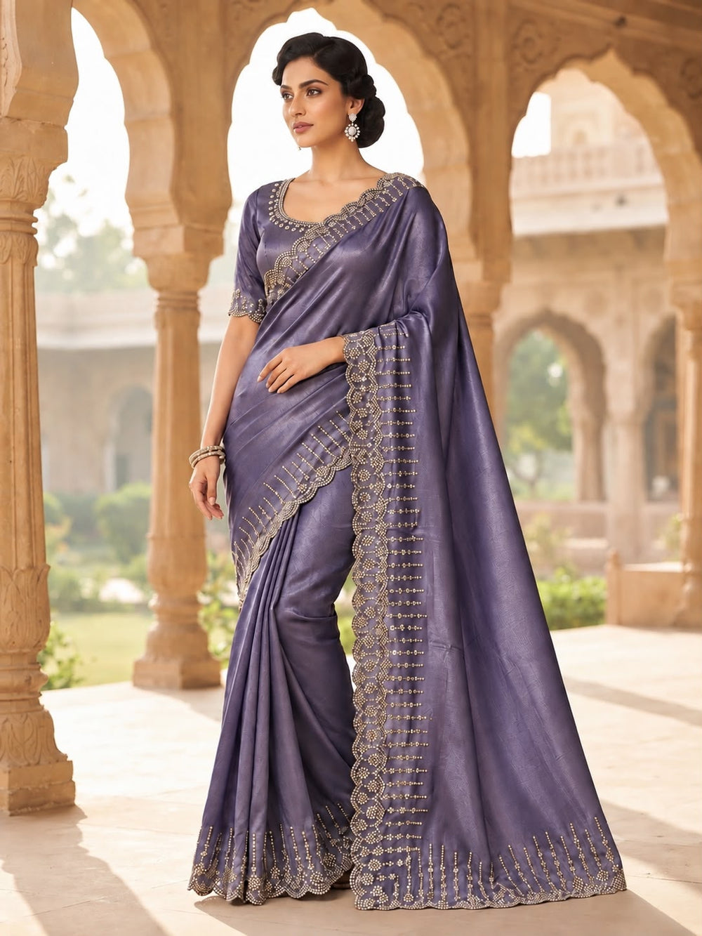 Dusty Mauve Georgette Saree with Scalloped Pearl Border & Unstitched Blouse Piece