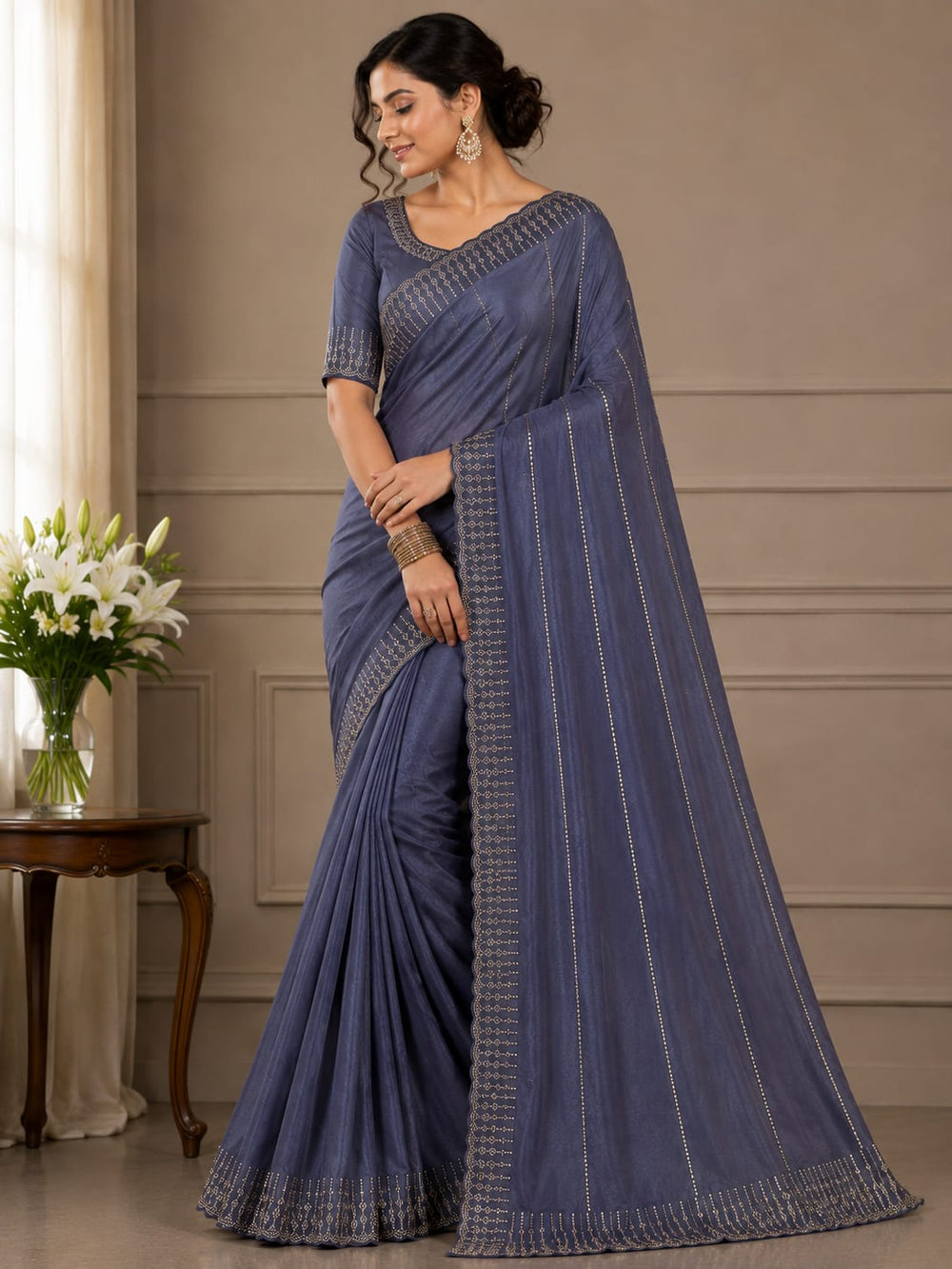 Steel Grey Georgette Saree with Sequin Striped Border & Unstitched Blouse Piece - Steel Blue Grey