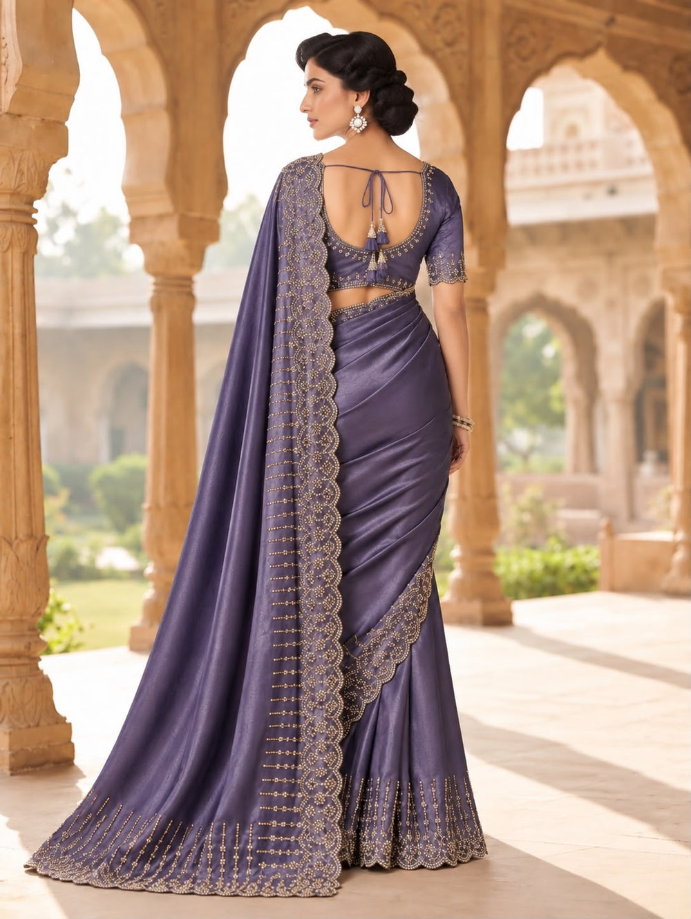 Dusty Mauve Georgette Saree with Scalloped Pearl Border & Unstitched Blouse Piece
