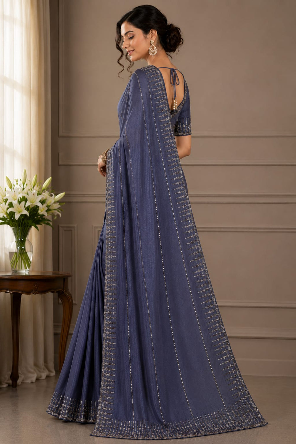 Steel Grey Georgette Saree with Sequin Striped Border & Unstitched Blouse Piece - Steel Blue Grey