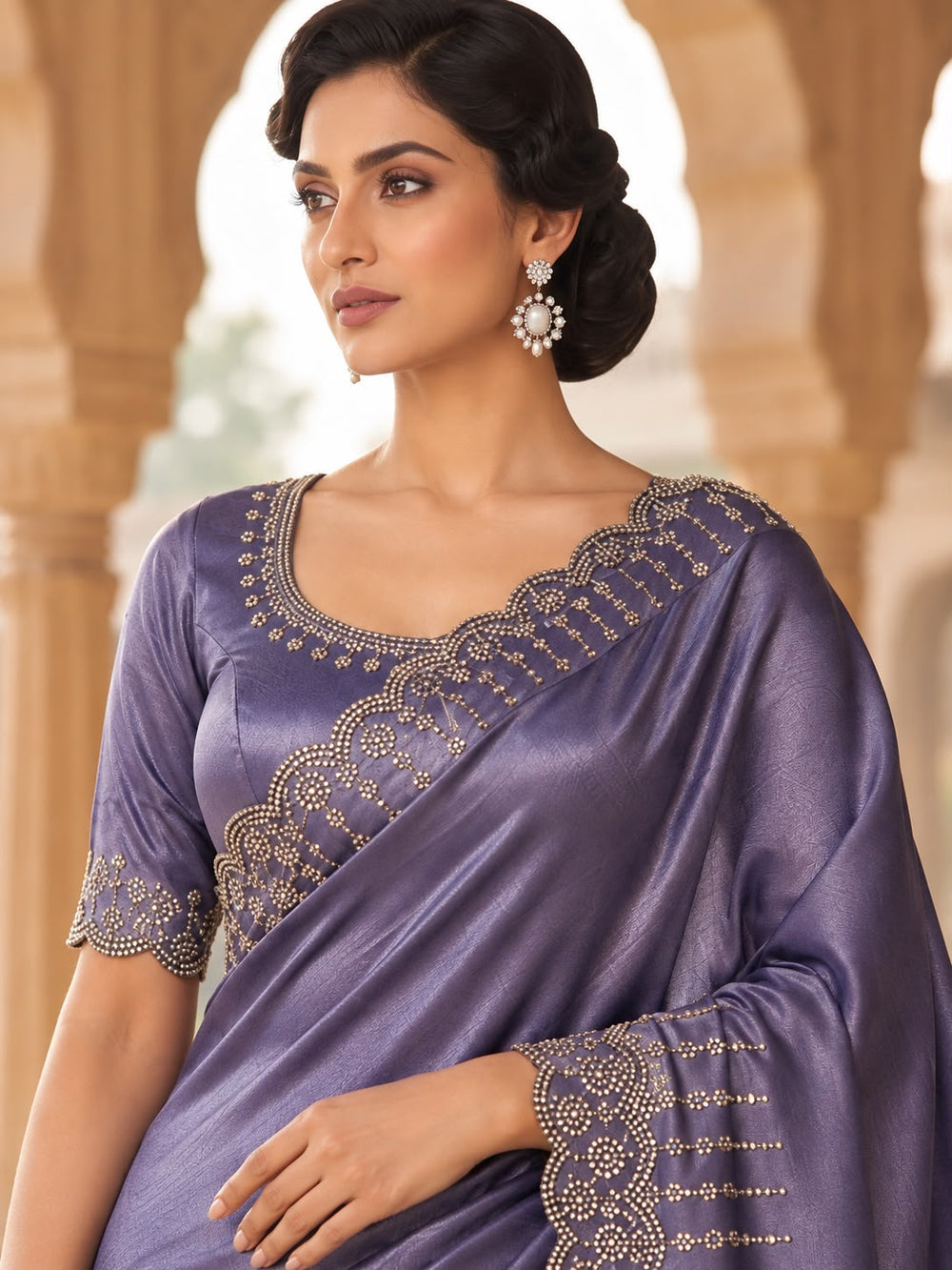 Dusty Mauve Georgette Saree with Scalloped Pearl Border & Unstitched Blouse Piece